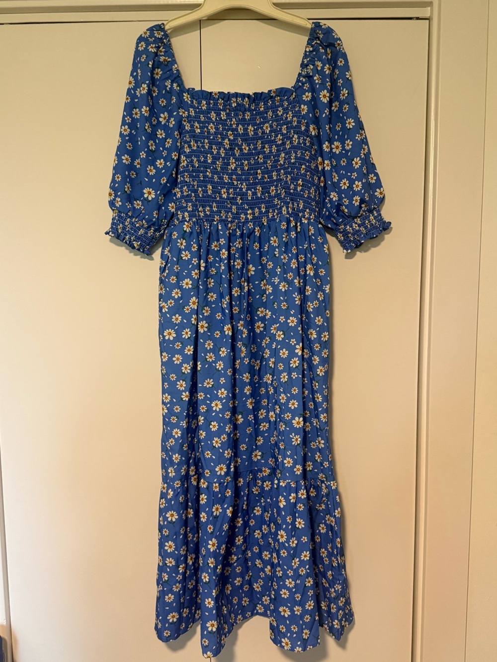 SHEIN Blue Daisy Smocked Maxi Dress with Puff Sleeves